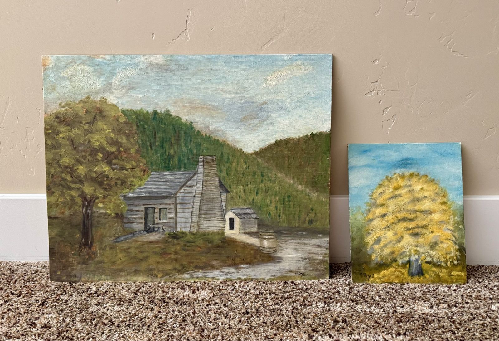 Hand-Painted Cabin Landscape Oil Painting on Canvas - Folk Art Rural Scene