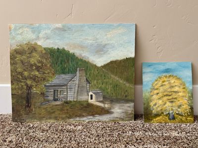 Hand-Painted Cabin Landscape Oil Painting on Canvas - Folk Art Rural Scene