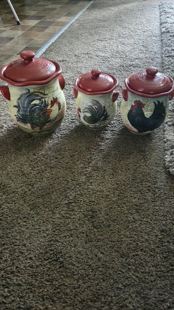 Vintage Rooster Ceramic Kitchen Canister Set with Lids - 3 Pieces