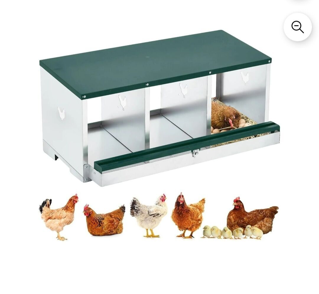 3 Chickens nesting boxes for 6+ laying hens Mounts to wall or sits on ground Has rolling egg perch