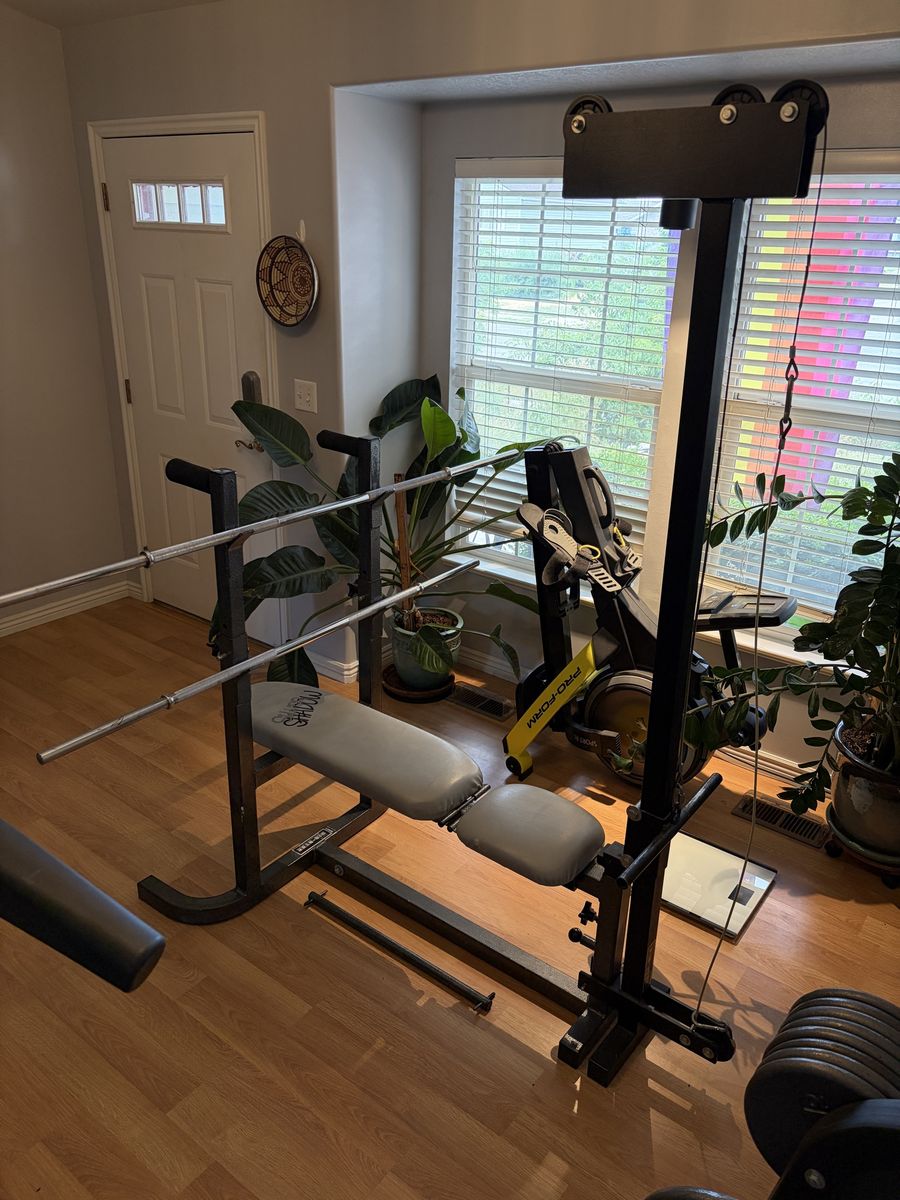 Home Gym Weight Bench with Weights, Cables, and Attachments ($250 OBO)