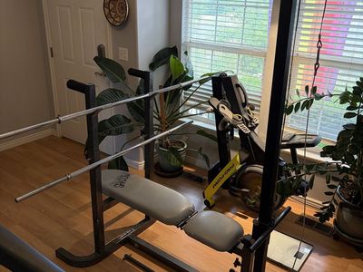 Home Gym Weight Bench with Weights, Cables, and Attachments ($250 OBO)