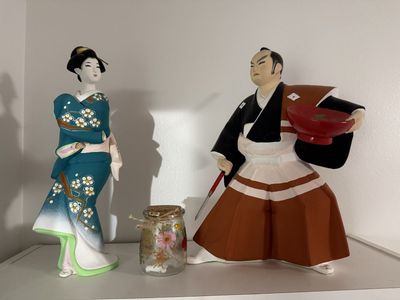 Vintage Japanese Geisha and Samurai Ceramic Figurine Set
