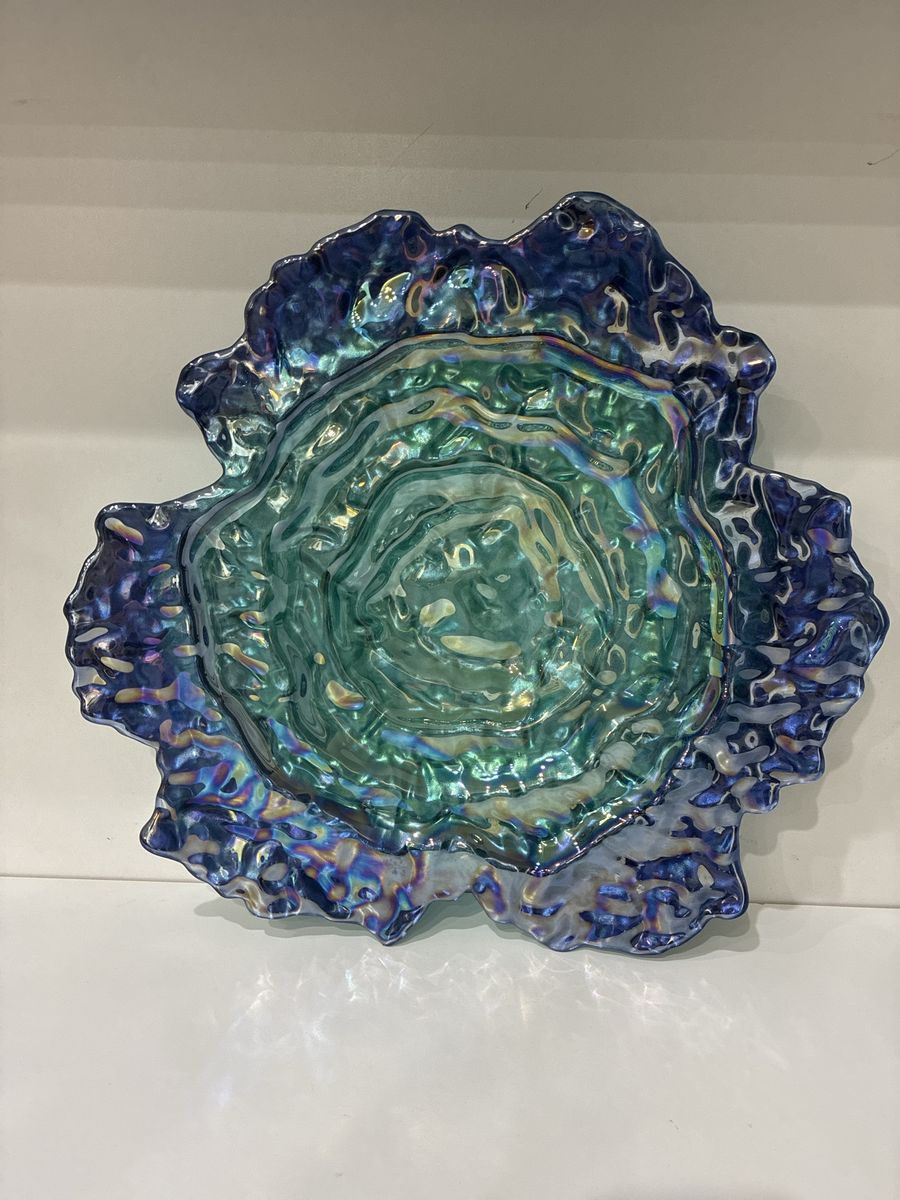 Iridescent Blue Green Ceramic Serving Dish Decorative Bowl Unique Art Piece
