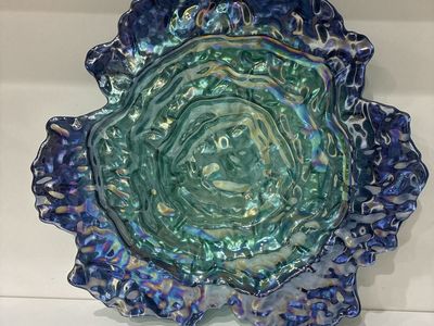 Iridescent Blue Green Ceramic Serving Dish Decorative Bowl Unique Art Piece