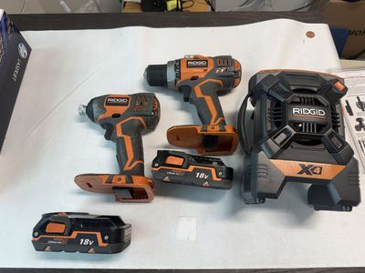RIDGID Drill, Impact Driver, Radio (missing antenna), and 2 batteries (untested)