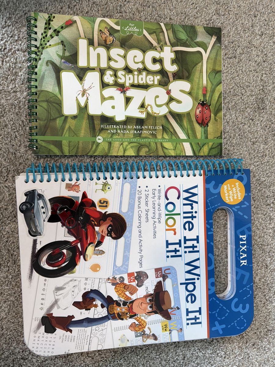 Whiteboard books. Pixar Write It! Wipe It! Color It! Early Learning Activity Book & Insect & Spider Mazes Book