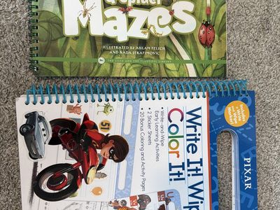 Whiteboard books. Pixar Write It! Wipe It! Color It! Early Learning Activity Book & Insect & Spider Mazes Book