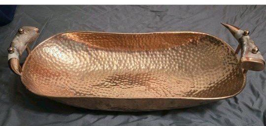 Hammered Copper Tray Dish Horn Shaped Handles Pier 1 Imports 28x12x4.5"