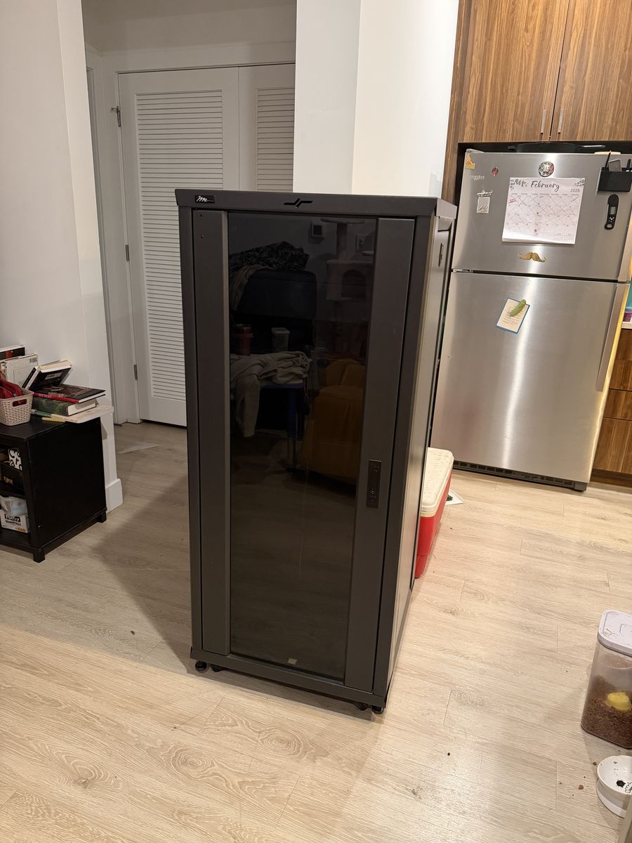 Midatlantic 32U Rack Glass front door, fully enclosed with removable panels.