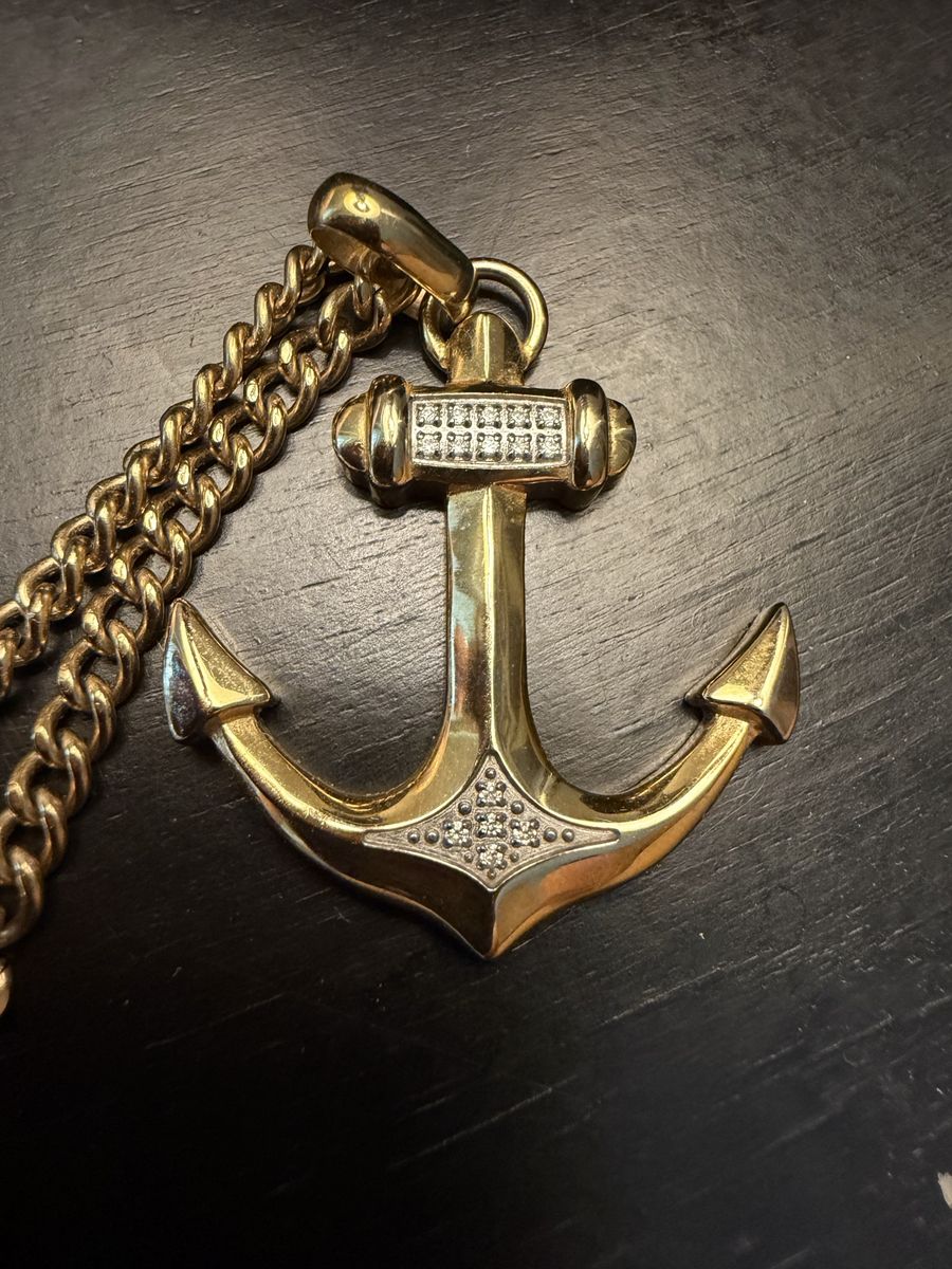Gold Anchor Stainless Steel Pendant Necklace with genuine diamonds
