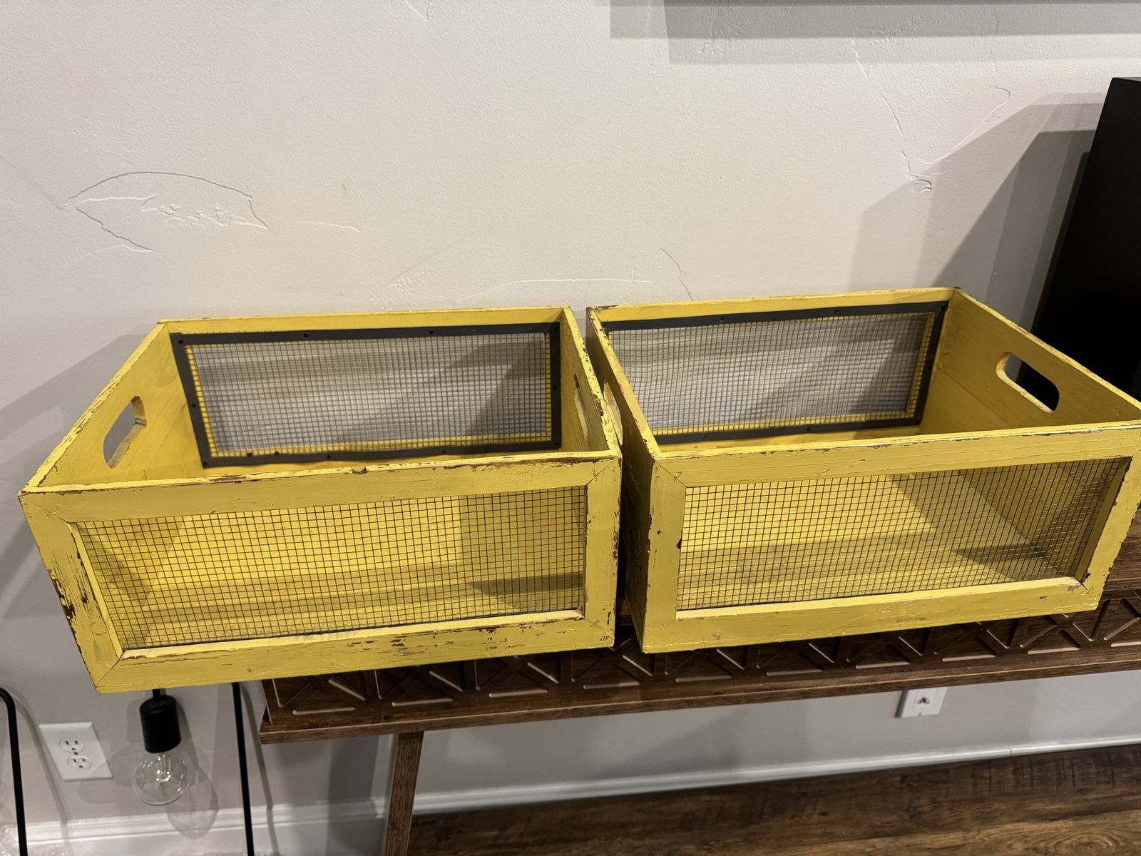 Set of 2 Yellow Distressed Wooden Crates with Wire Mesh Windows