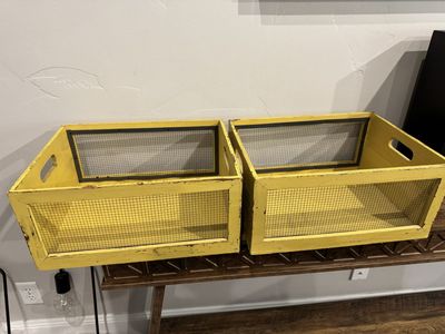 Set of 2 Yellow Distressed Wooden Crates with Wire Mesh Windows