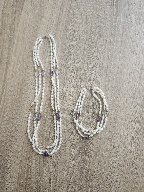 14K Gold Freshwater Pearl Necklace & Bracelet Set with Amethyst & Citrine Beads