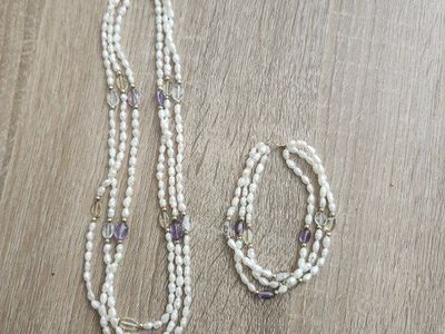 14K Gold Freshwater Pearl Necklace & Bracelet Set with Amethyst & Citrine Beads