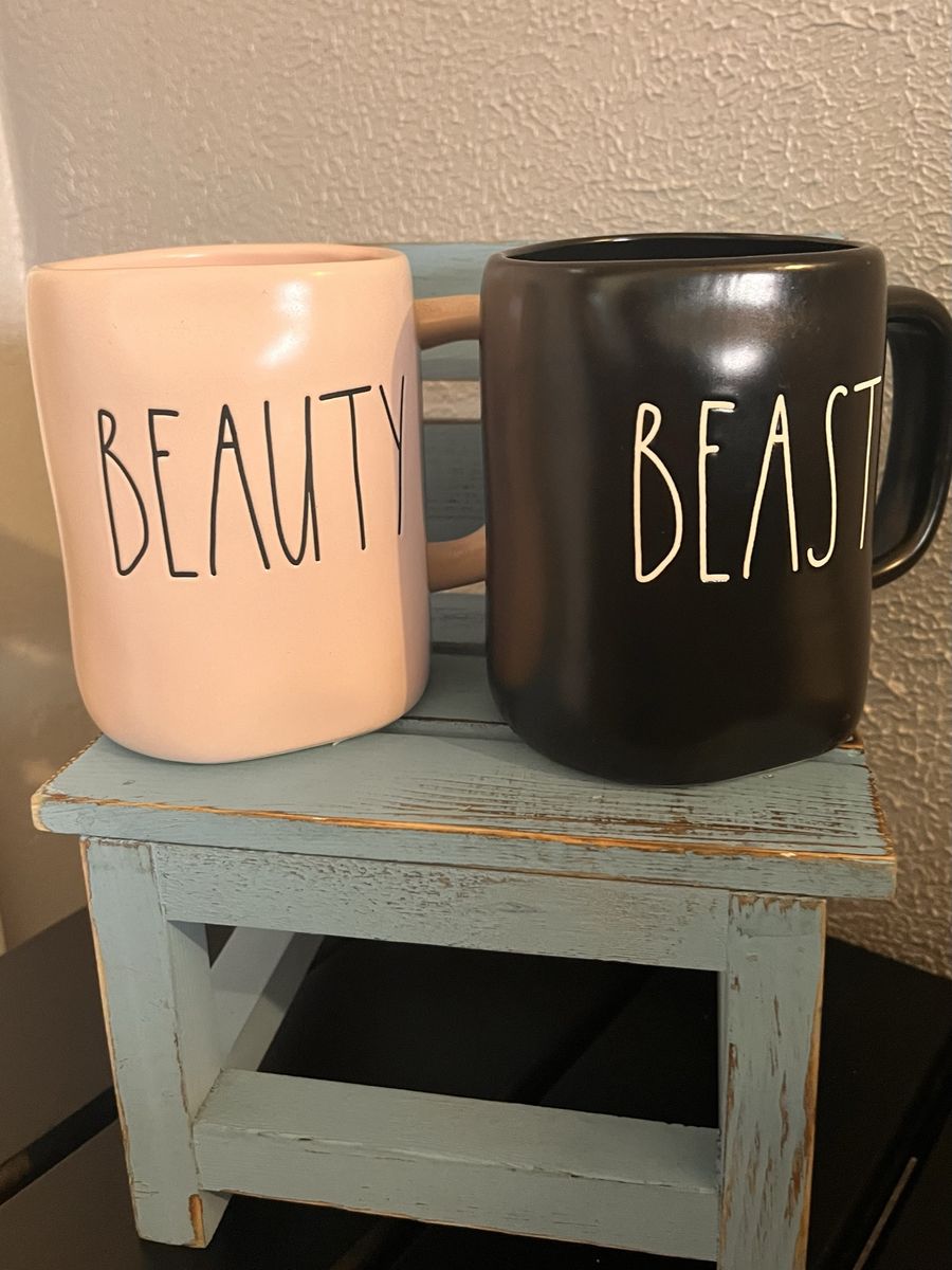 Rae Dunn Beauty and Beast Ceramic Coffee Mug Set - Pink & Black