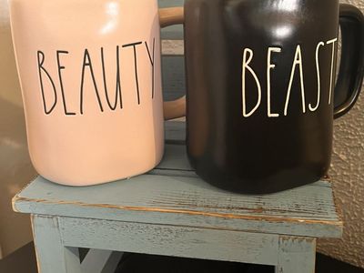 Rae Dunn Beauty and Beast Ceramic Coffee Mug Set - Pink & Black
