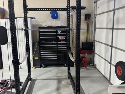 100” Rogue Fitness RM-4100 Power Rack with front feet, stabilizer kit, safety straps, multi grip pull up bar