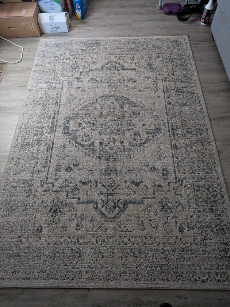 Large Area Rug with Traditional Medallion Design - Gray & Beige, Good Condition