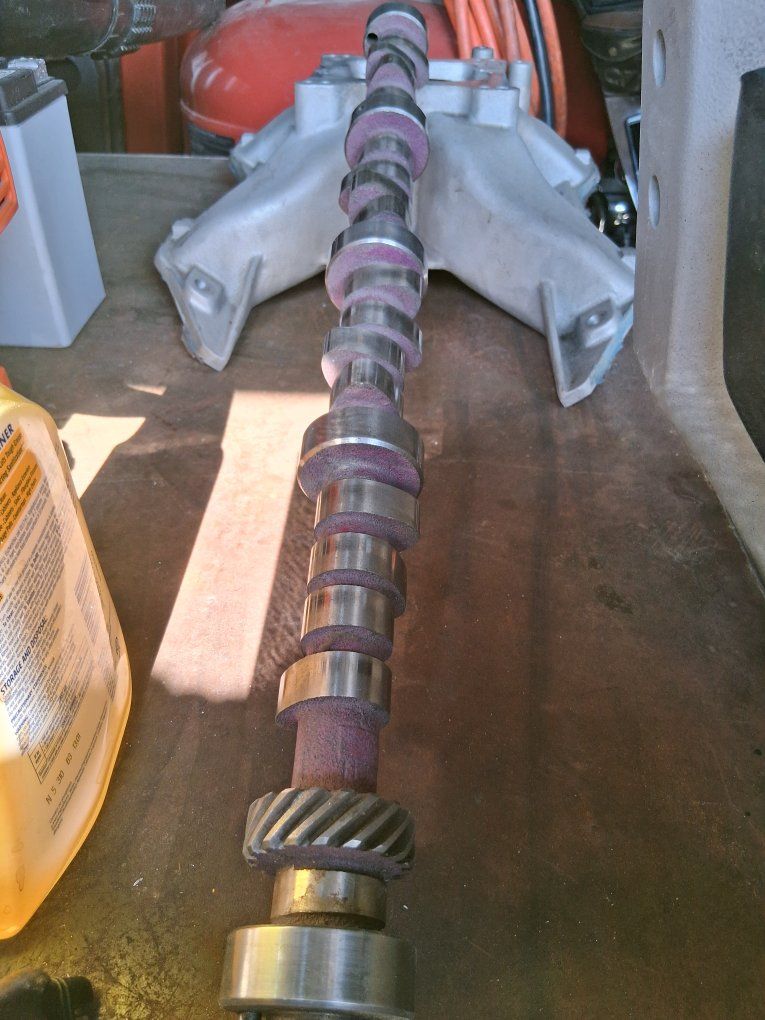 Mopar 440 Cast Aluminum Intake Manifold and Purple Camshaft.