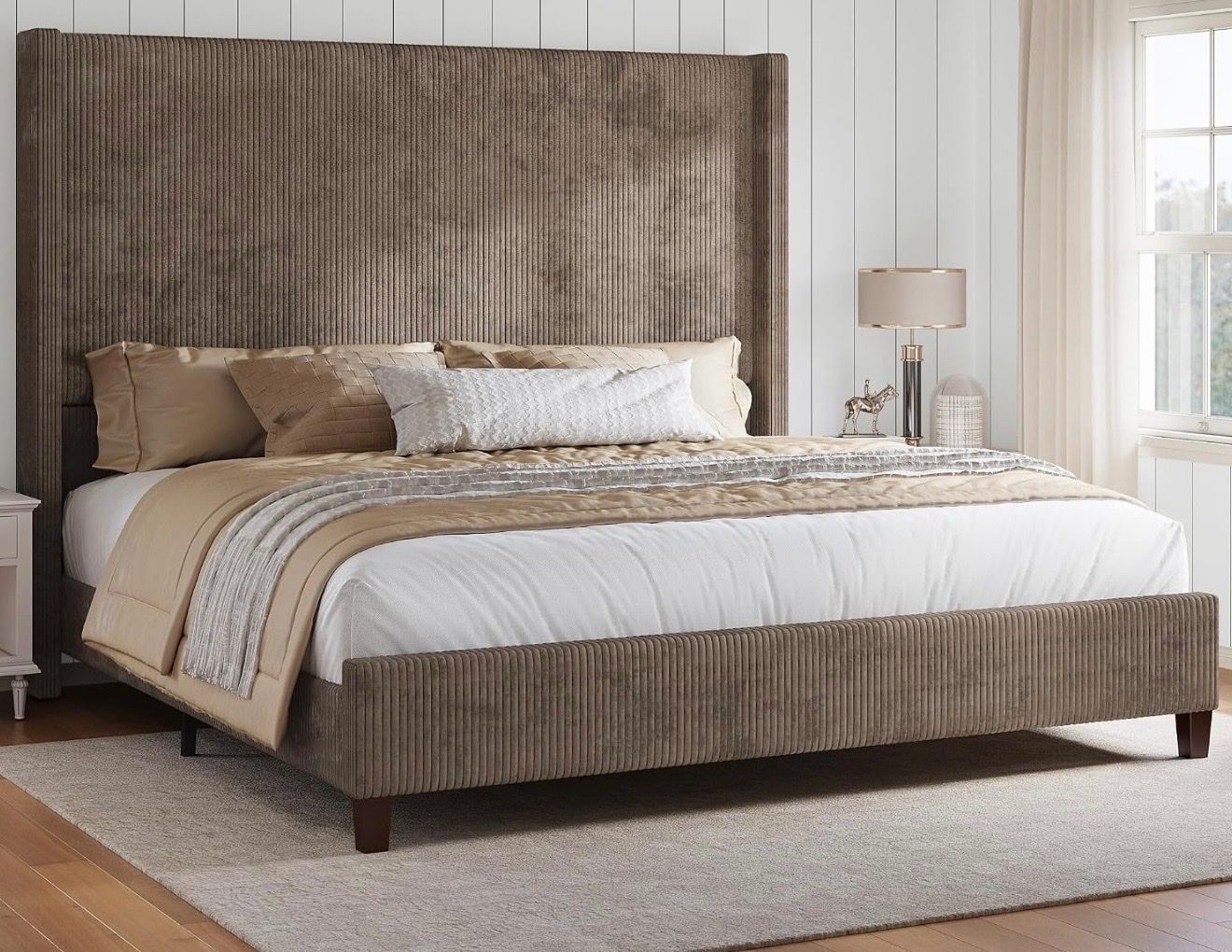 King Size Corduroy Upholstered Bed Frame w/ 61.4" Extra Tall Vertical Wingback Headboard