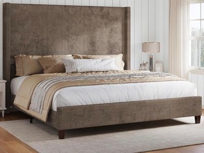 King Size Corduroy Upholstered Bed Frame w/ 61.4" Extra Tall Vertical Wingback Headboard