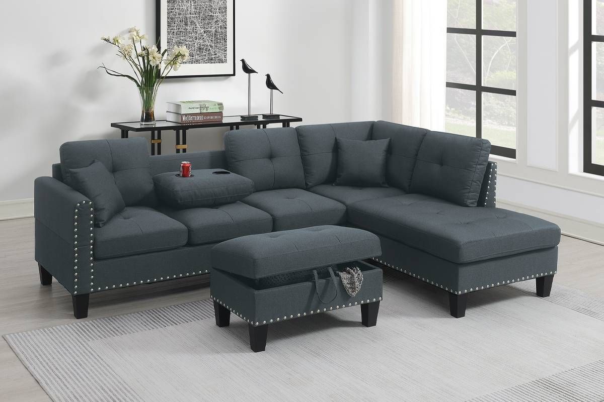 NEW Charcoal or Gray SECTIONAL with STORAGE OTTOMAN & PILLOWS - NEW IN BOX