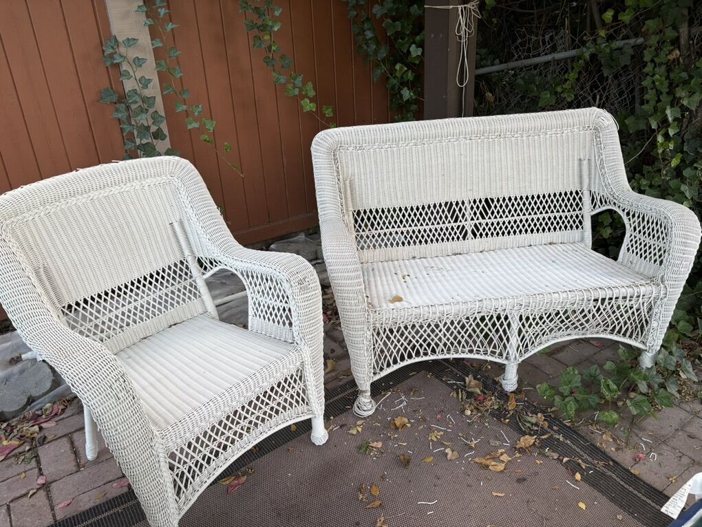 White Wicker Style Patio Loveseat & Chair