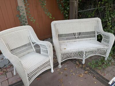 White Wicker Style Patio Loveseat & Chair