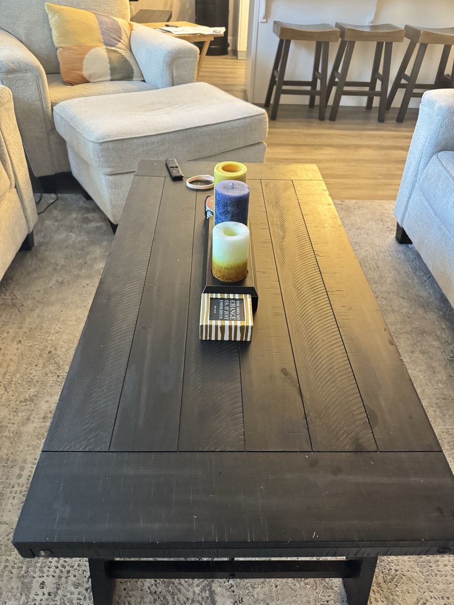 Rustic Farmhouse Coffee Table - Solid Wood Black Finish, Sturdy Crossbar Design