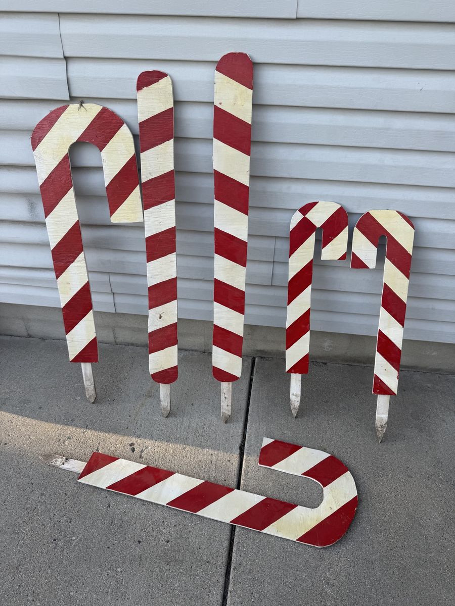 Vintage Hand-Painted Wooden Candy Cane Yard Stakes Christmas Decor Set
