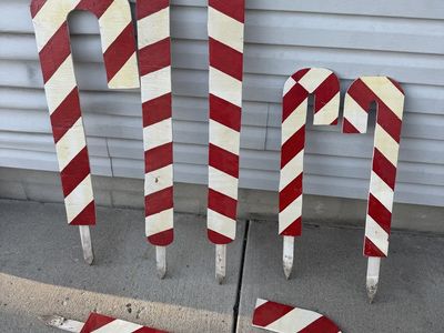 Vintage Hand-Painted Wooden Candy Cane Yard Stakes Christmas Decor Set