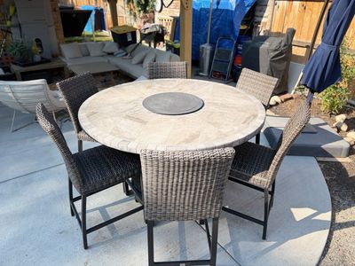 Agio 7-Piece Outdoor Dining Set with Fire Pit – $900