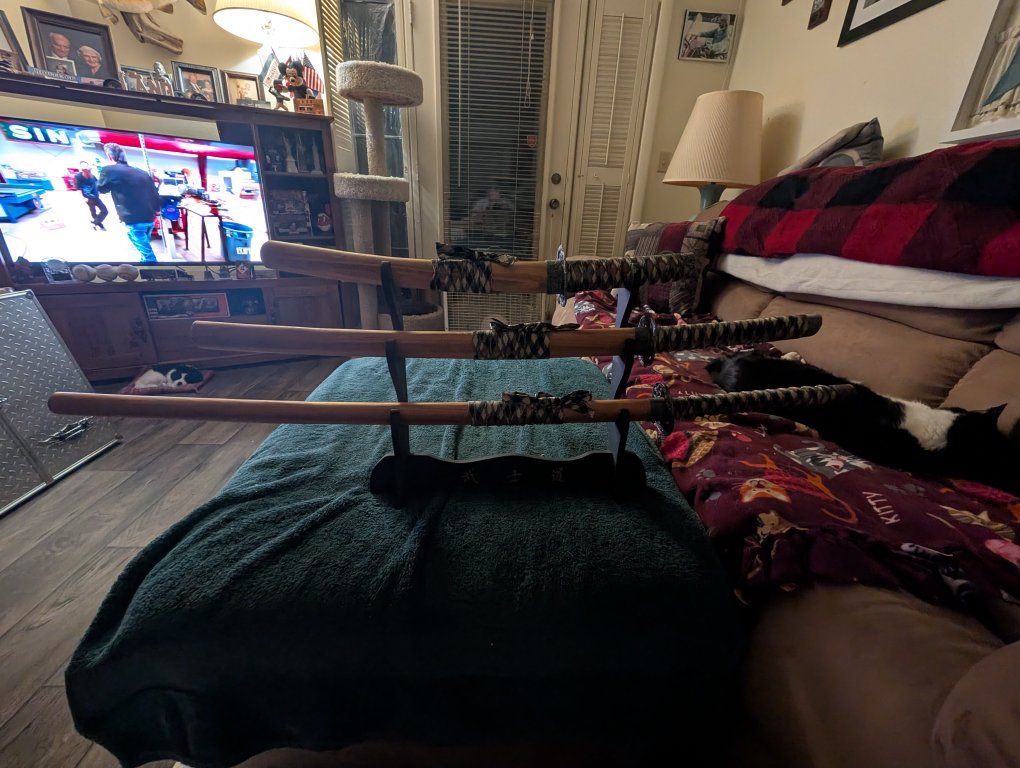 3 Decorative Japanese Katana Sword with Wooden Sheaths & Stand