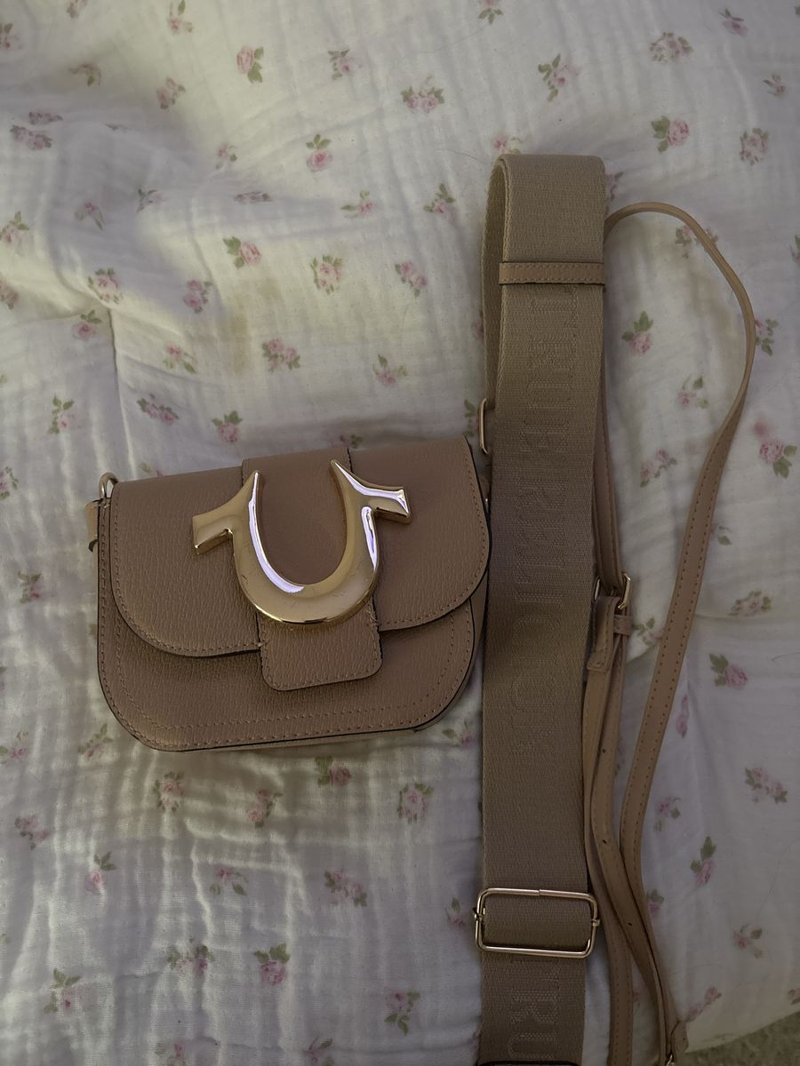 True Religion Beige Horseshoe Logo Flap Crossbody Bag with Extra Strap