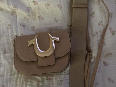 True Religion Beige Horseshoe Logo Flap Crossbody Bag with Extra Strap