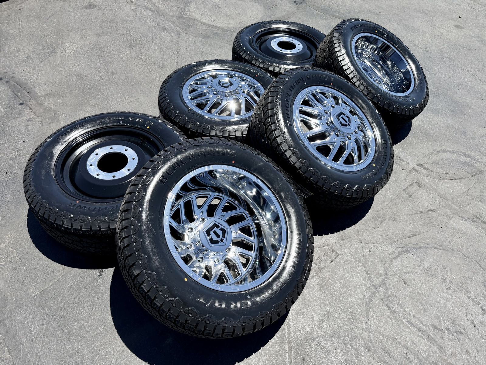 New LT275/65r20 Blackhawk AT Chrome 8x210 Dually TIS 544C 8 lug Dually DRW Chevy Silverado 2011+ Duramax GMC 3500 3 peak rated