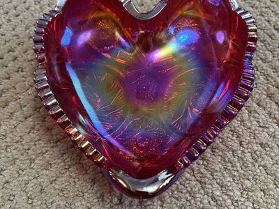 Stunning Heart Shaped Red Carnival Glass - Antique