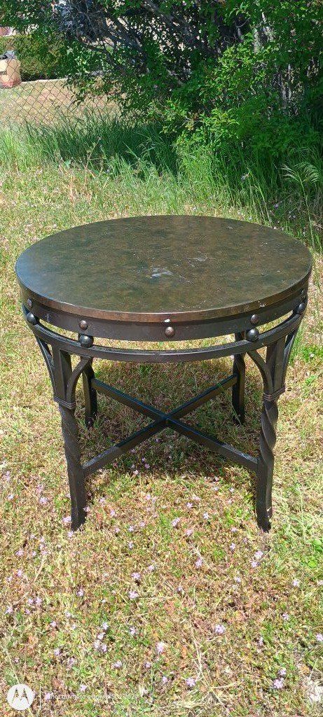 round copper top side table w/rought iron base