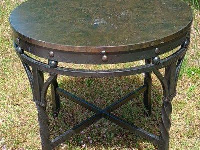 round copper top side table w/rought iron base