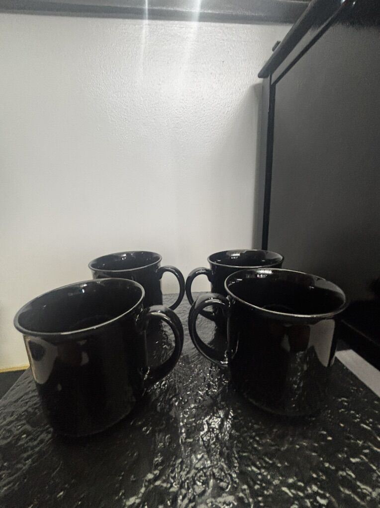 4 Black Ceramic Coffee Mugs