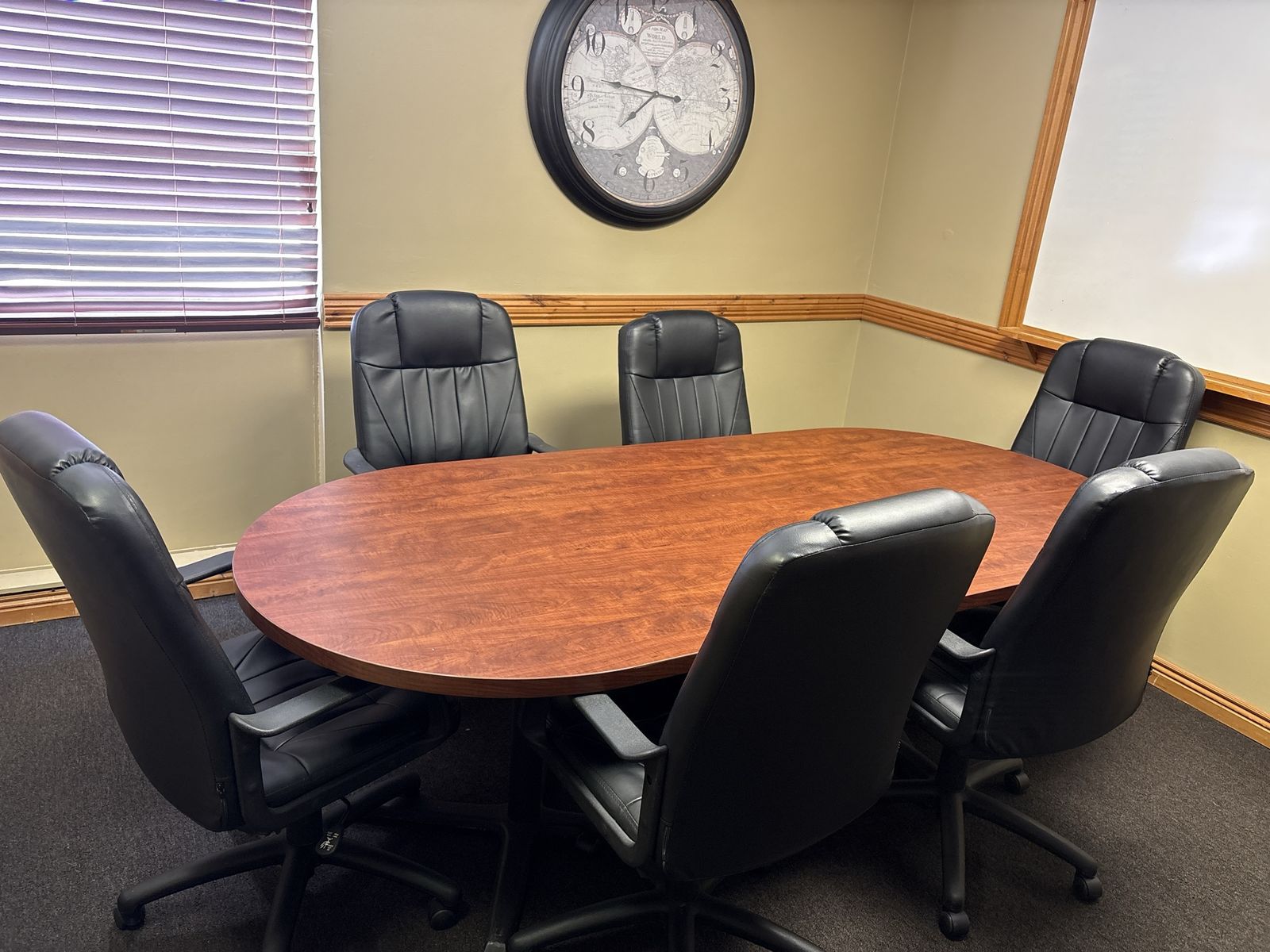 Large Oval Wood Conference Table Set with 6 Black Leather Executive Chairs