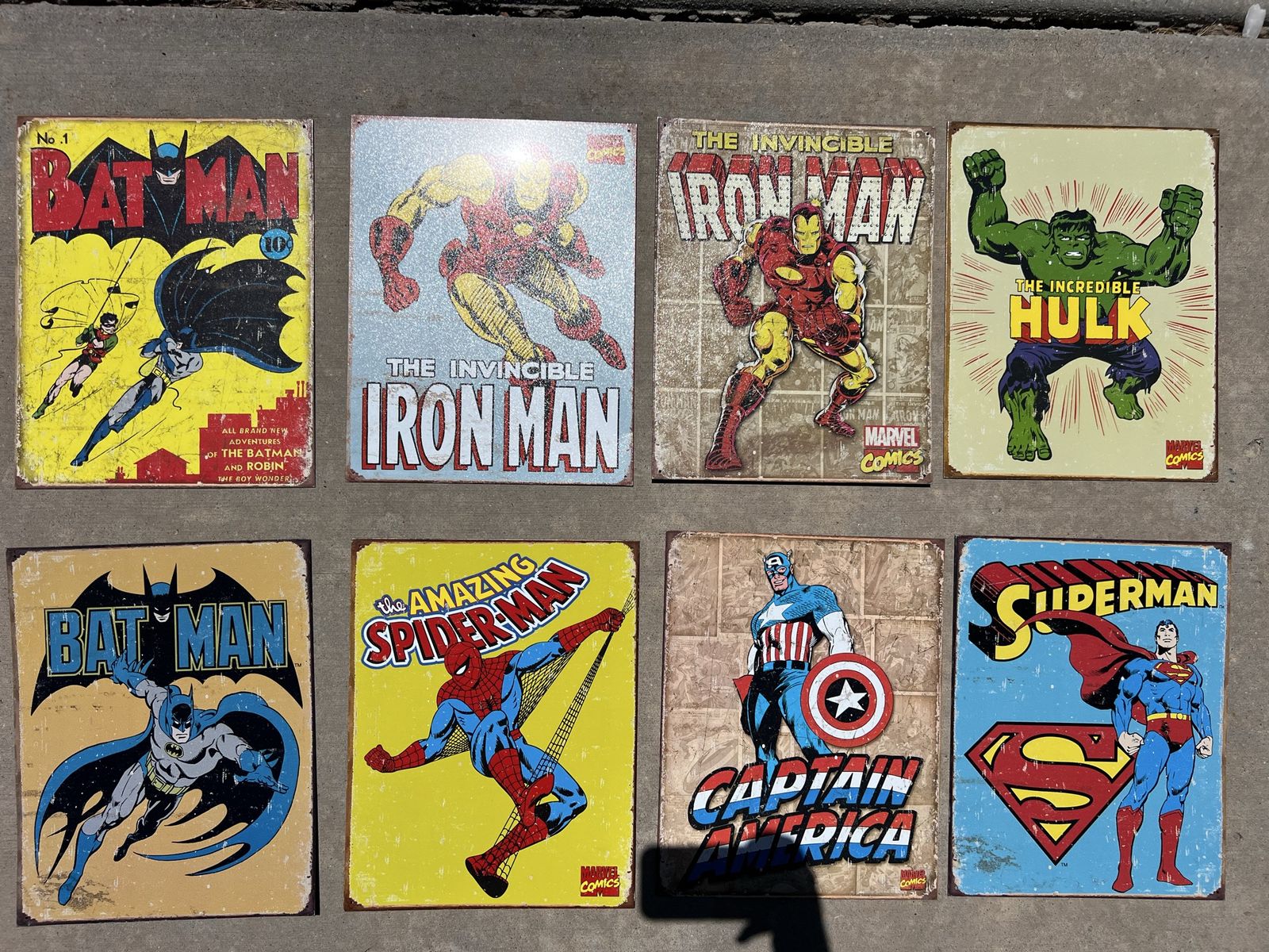 Metal Signs Comic Book - Batman, Iron Man, Hulk, Spider-Man, Captain America, Superman (8 pcs)