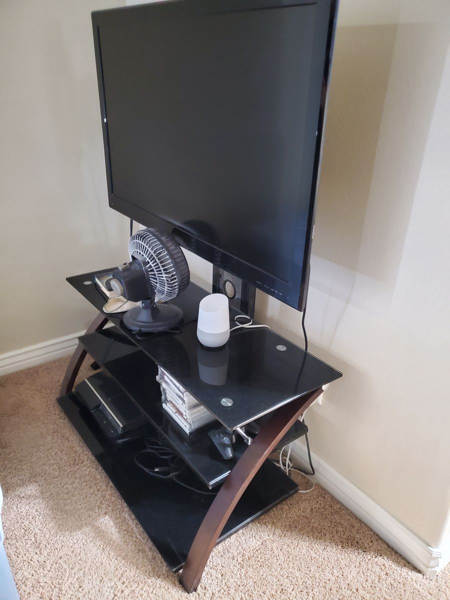 Black Glass and Wood TV Stand - Multi-Tier Media Console