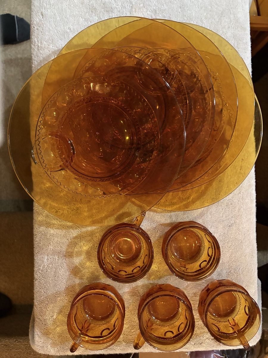 Vintage Amber Glass Punch Bowl Set - 10 Piece Sunburst Design Dinnerware