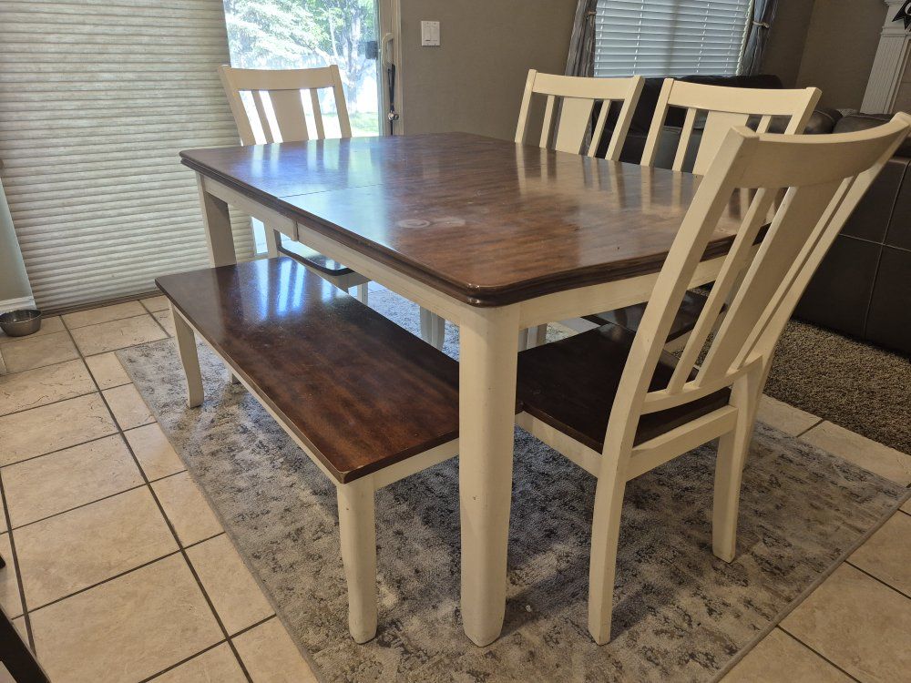 Farmhouse Style Dining Set - Table, Bench, and 3 Chairs - Two-Tone Wood Finish