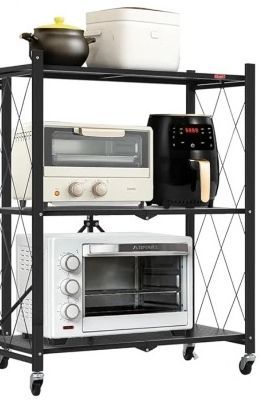 3-Tier Foldable Storage Shelves w/Wheels, Metal Wire Shelf Rack