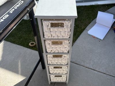 Narrow 4-Tier Storage Tower with Woven Baskets - Light Gray / White Storage Unit