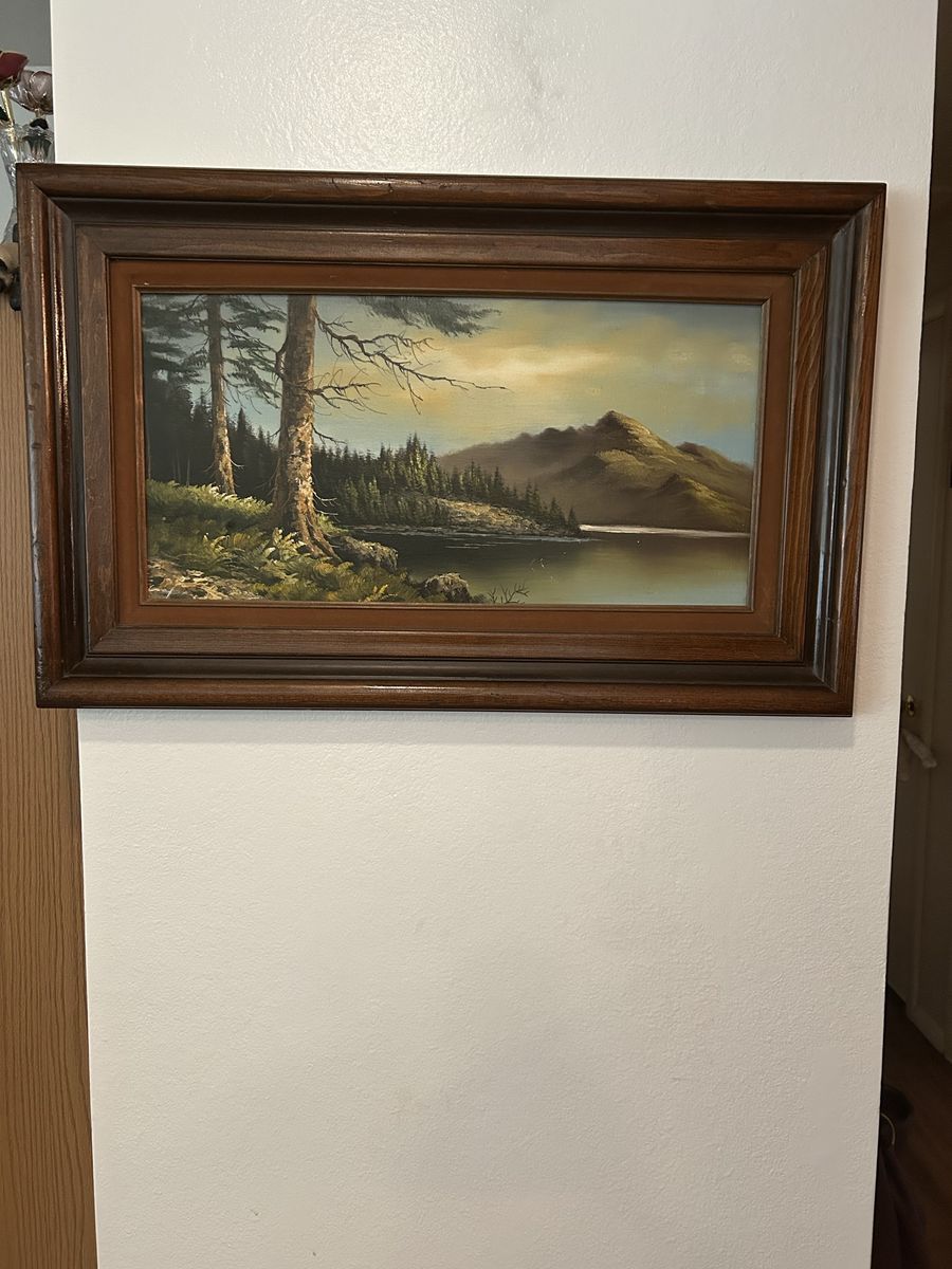 Vintage Gary Cary Oil on Canvas: Textured Mountain Lake Landscape (32x29.5" framed)