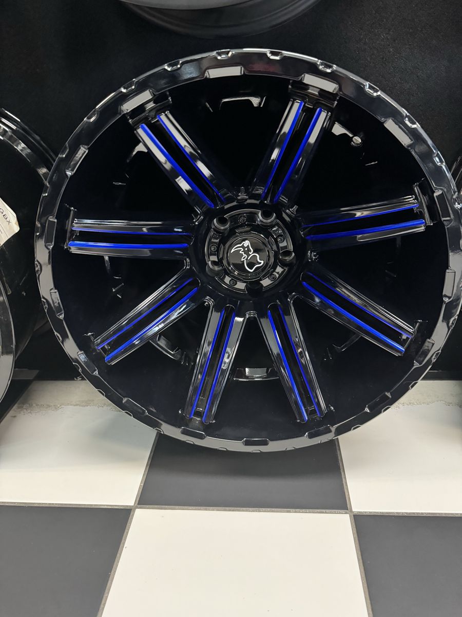 Brand New Black Rhino Rampage 20x12 5x127 Gloss Gloss Black with Blue Milled Spokes Wheels (-44 ET)